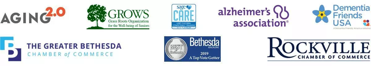 Comilation of the logos of partners and awards Corewood Care holds, including in order: Aging 2.0, GROWS, Sage Care, Alzheimer's Association, Dementia Friends USA, The Grater Bethesda Chamber of Commerce, 2019 Bethesda Magazine Award, and Rockville Chamber of Commerce