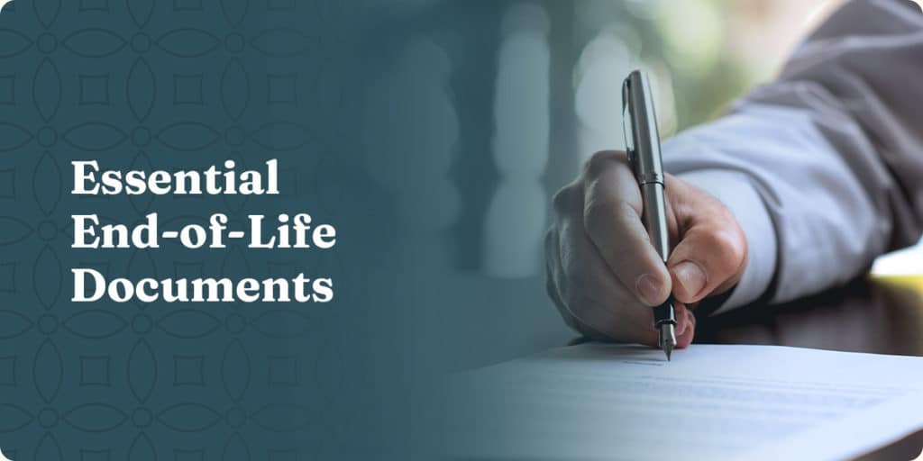 Close-up of a hand using pen to sign essential end-of-life documents